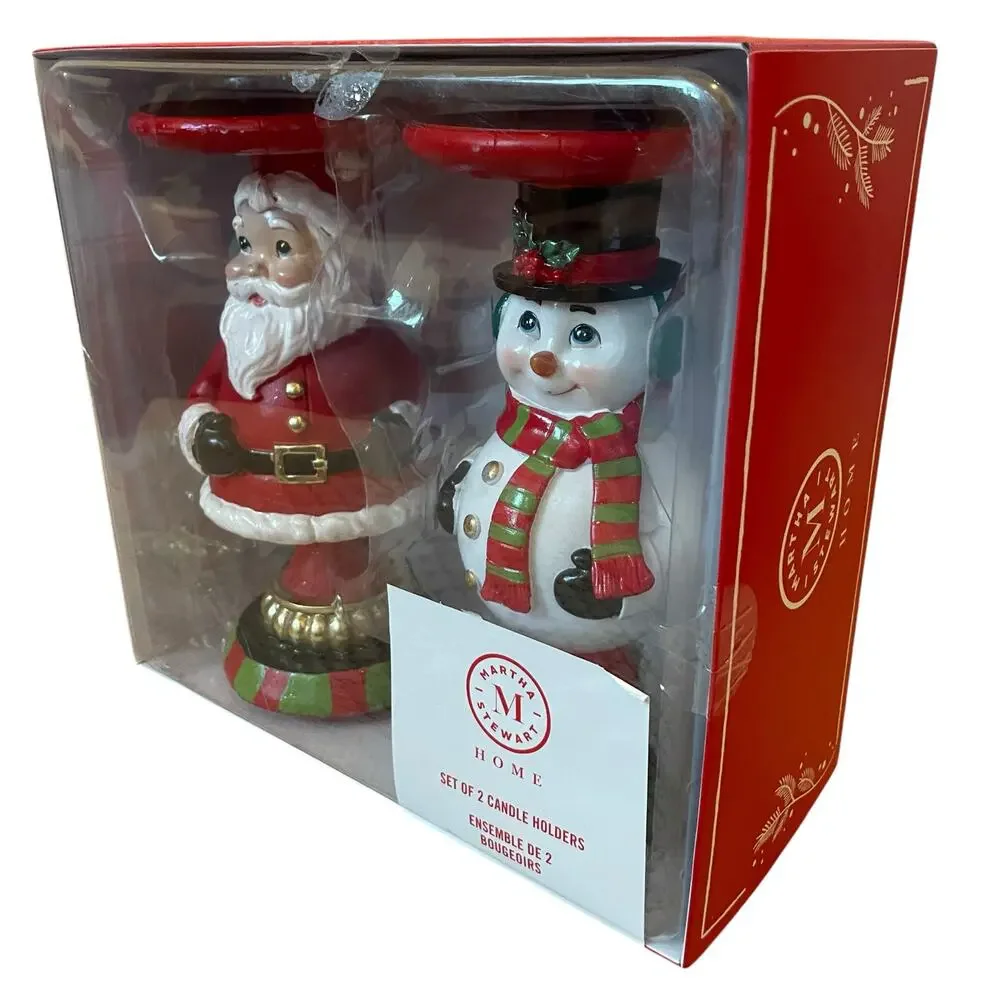 Martha Stewart Christmas Candle Holders 8.5in Santa & Snowman Holiday Decor New